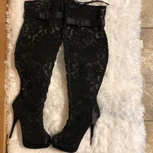 Black Lace at the knee stiletto boots